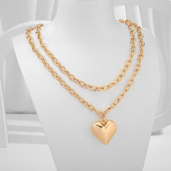 Heart Necklaces for Women Chunky Statement Gold and Silver Necklace with Puffy H - Picture 7 of 9